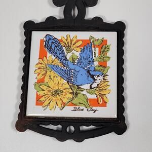 Vintage Blue Jay Floral Cast Iron Trivet with Ceramic Tile Wall Hanging Yellow F